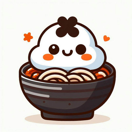 Illustration of kawaii udon noodle in black bowlのイラスト素材