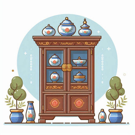 Cupboard with porcelain dishes. Vector illustration in cartoon style.のイラスト素材