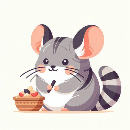 Cute cartoon chinchilla with bowl of cereals. Vector illustration.のイラスト素材