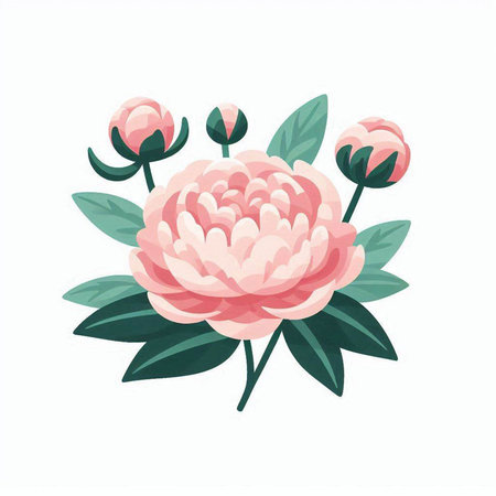 Pink peony with green leaves isolated on white background. Vector illustration.のイラスト素材