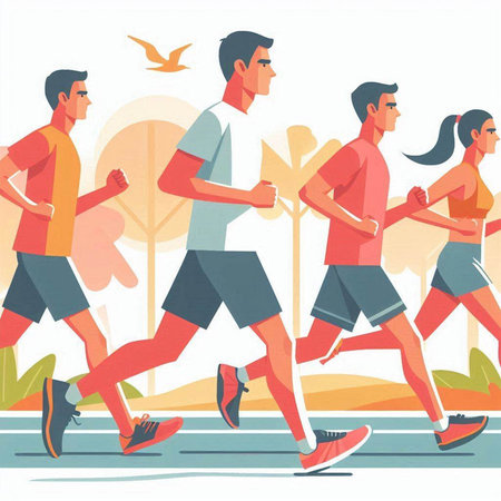 Running people. Healthy lifestyle. Vector illustration in flat cartoon style.のイラスト素材