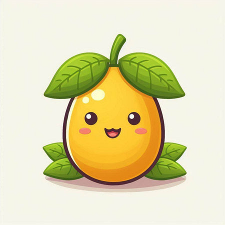 Mango fruit character with green leaves. Cute cartoon vector illustration.のイラスト素材