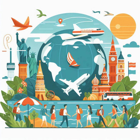 Travel around the world. Vector illustration in flat design style. Tourists travel around the world.のイラスト素材
