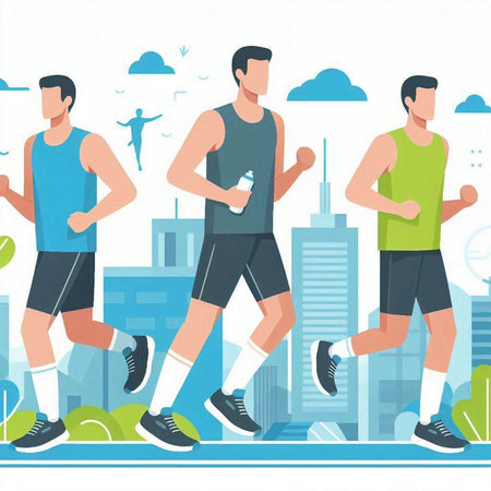 Vector illustration of people running in the city. Healthy lifestyle concept.のイラスト素材
