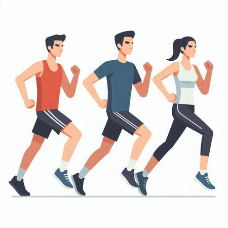 Running people. Men and women jogging. Vector illustration in flat styleのイラスト素材