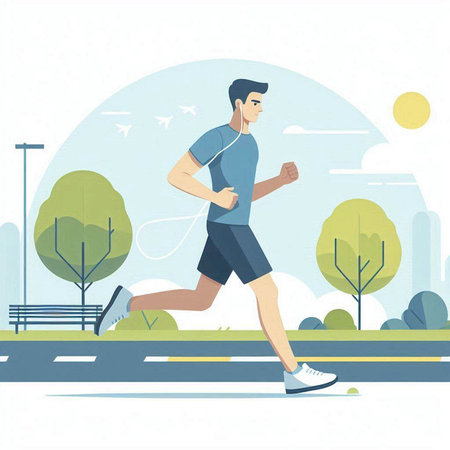 Man jogging in the park. Vector illustration in flat style.のイラスト素材