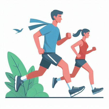 Man and woman jogging in the park. Vector illustration in flat styleのイラスト素材
