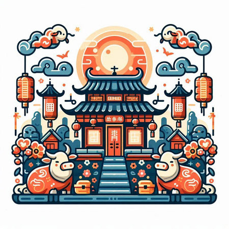Chinese New Year card. Year of the Ox. Vector illustration.のイラスト素材