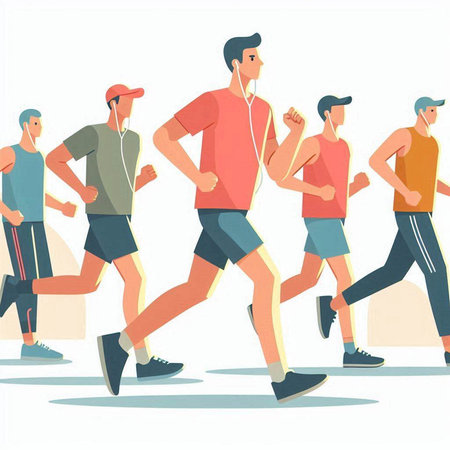 Running people, men and women jogging. Vector illustration in flat styleのイラスト素材