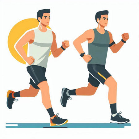 Running men. Runners, jogging men. Vector illustration in flat styleのイラスト素材