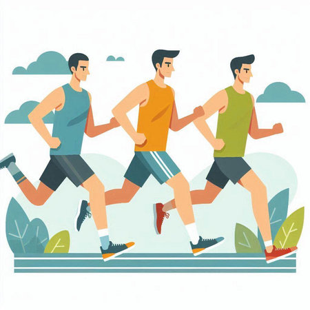 Running people. Men jogging in the park. Vector illustration in flat styleのイラスト素材