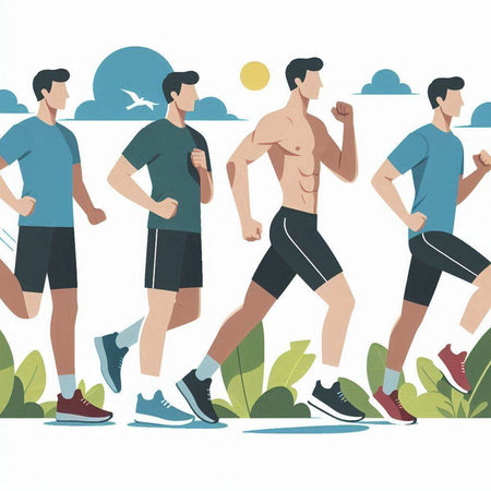 Running men. Vector illustration in flat style. Sport running people.のイラスト素材