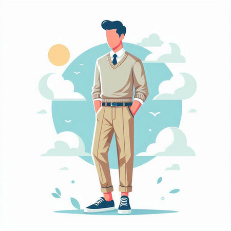 Young man standing on the background of the sky with clouds. Vector illustration.のイラスト素材