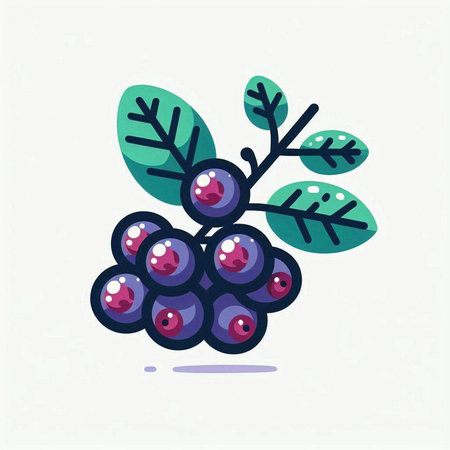 Vector illustration of a bunch of ripe blueberries with green leaves.のイラスト素材