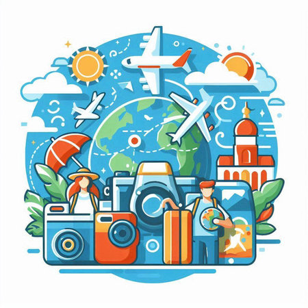Travel and adventure concept. Vector flat illustration of traveler with camera, binoculars, map, globe, plane, umbrella, sun, clouds, landscape.のイラスト素材