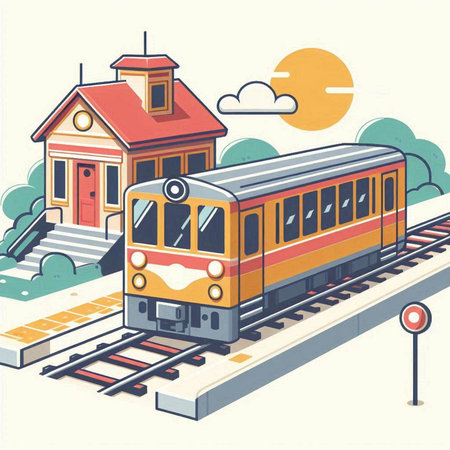 Train on the railway station. Vector illustration in flat design style.のイラスト素材