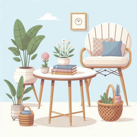 Living room interior with armchair, coffee table, books, plants, potted plants. Vector illustration.のイラスト素材