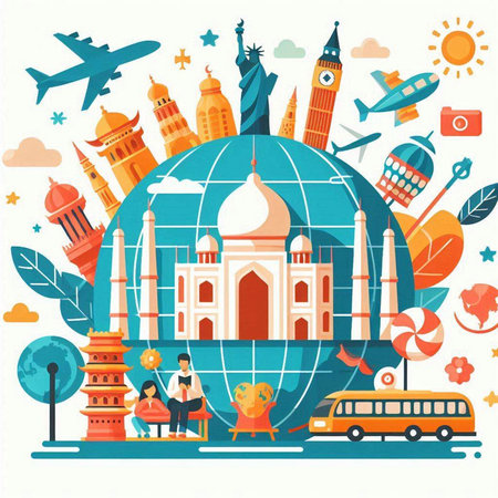 Travel around the world concept with famous landmarks. Vector illustration in flat styleのイラスト素材