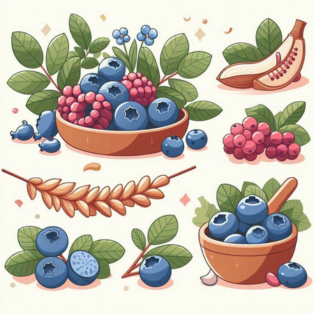 Blueberry vector set in cartoon style. Berries and leaves.のイラスト素材