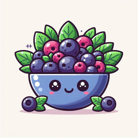 Cute cartoon blueberry fruit in a bowl. Vector illustration.のイラスト素材