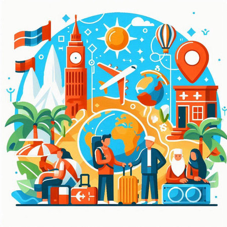 People traveling around the world. Flat vector illustration. Tourists with suitcases, luggage, map, globe and flag of China.のイラスト素材