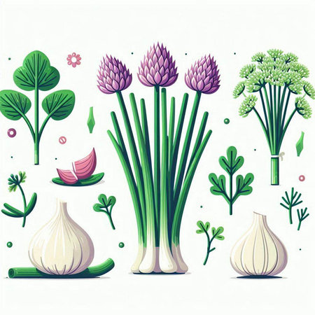 Vector illustration of a set of vegetables: onion, garlic, parsleyのイラスト素材