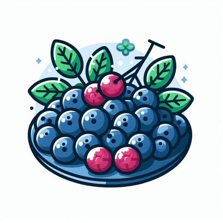 Blueberry icon. Vector illustration of fresh berry in plate.のイラスト素材