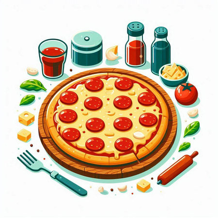 Pizza with cheese, tomato, pepperoni, mozzarella and basil. Vector illustrationのイラスト素材