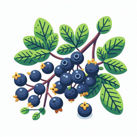 Blueberry branch with berries and leaves isolated on white background. Vector illustration.のイラスト素材
