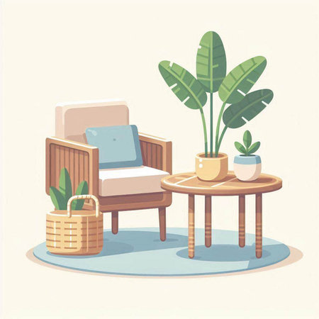 Illustration of a living room with a chair and a basket of plantsのイラスト素材