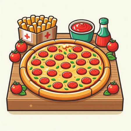 Pizza on wooden board with tomato sauce and fries. Vector illustration.のイラスト素材