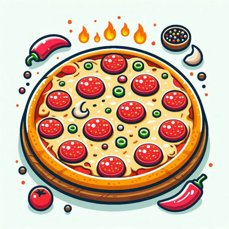 Pizza with pepperoni, tomato and cheese. Vector illustration.のイラスト素材