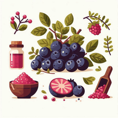 Set of berries and jam. Vector illustration in a flat style.のイラスト素材