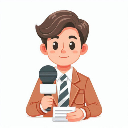 Journalist with microphone and news paper. Vector illustration in cartoon style.のイラスト素材