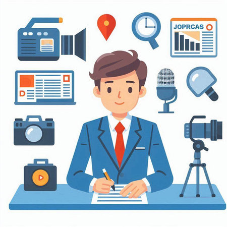 Journalist at work. Vector illustration in a flat style on a white background.のイラスト素材