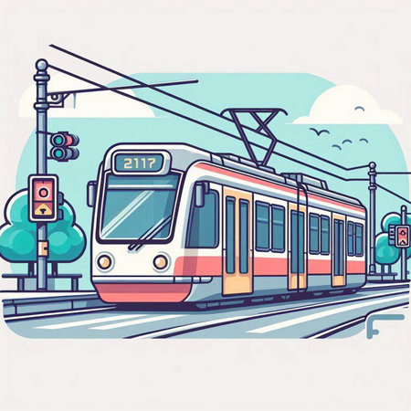 Modern tram in the city. Vector illustration in flat cartoon style.のイラスト素材