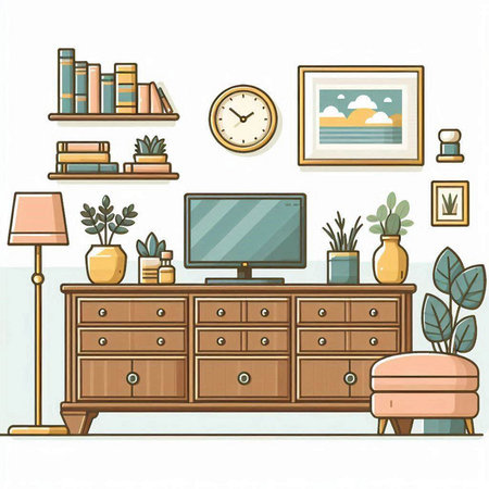 Vector illustration of living room interior with furniture, bookshelf, bookshelf, coffee table, lamp, plants and picture frames.のイラスト素材