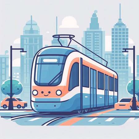 Modern train on the city street. Vector illustration in flat style.のイラスト素材