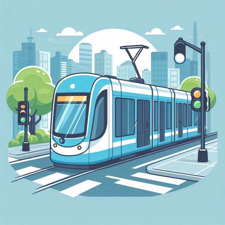 Modern blue tram on the city street. Vector illustration in flat styleのイラスト素材