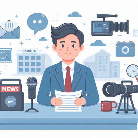 Journalist, news reporter. Flat style vector illustration. Cartoon character.のイラスト素材