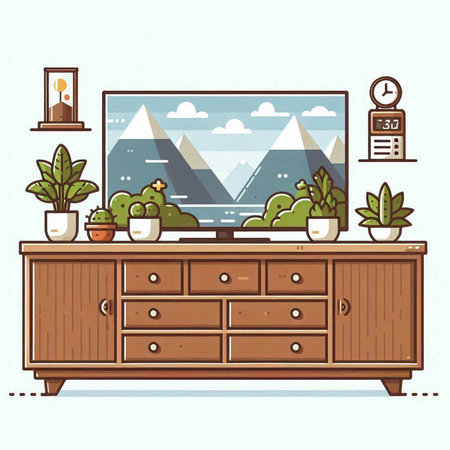 Vector illustration of modern living room interior with wooden commode, cupboard, potted plants and mountains on background.のイラスト素材