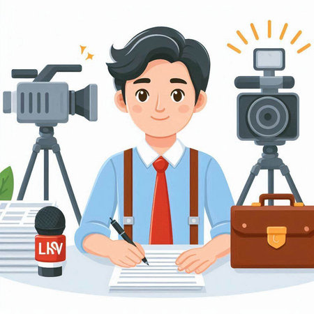Journalist or journalist writing a report. Vector illustration in cartoon style.のイラスト素材