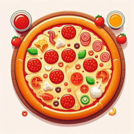 Pizza with cheese, salami, tomato and basil. Vector illustration.のイラスト素材