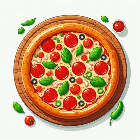 Pizza with mozzarella, tomatoes and basil. Vector illustration.のイラスト素材