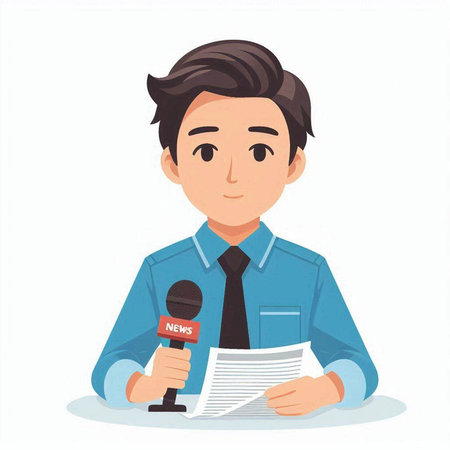 Journalist with microphone and newspaper. Vector illustration in cartoon style.のイラスト素材