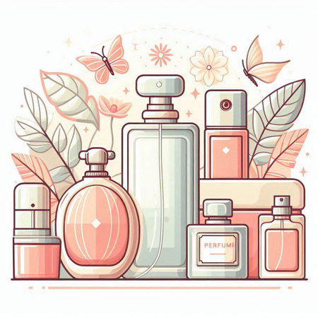 Perfume bottles and flowers. Vector illustration in flat style.のイラスト素材