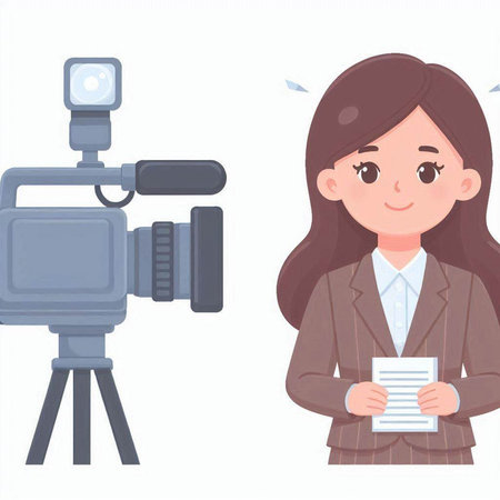 Illustration of a female reporter with a camera and a video cameraのイラスト素材
