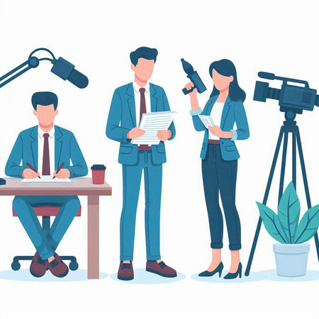 Journalist interview. Journalist, journalist, journalist, reporter, journalist, journalist. Vector illustrationのイラスト素材