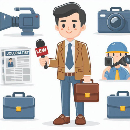 Illustration of a cameraman with a camera and a newspaper.のイラスト素材