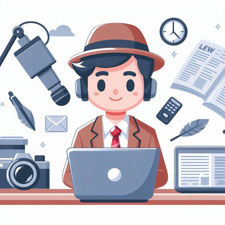 Photographer with laptop and camera in flat style. Vector illustration.のイラスト素材